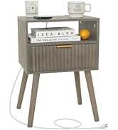 Fultyle Night Stand with Charging Station, Modern Bedside Table with Drawer and Solid Wood Legs, ...