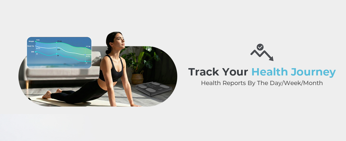 A woman practicing yoga with an 8-electrode body fat scale on the floor beside her