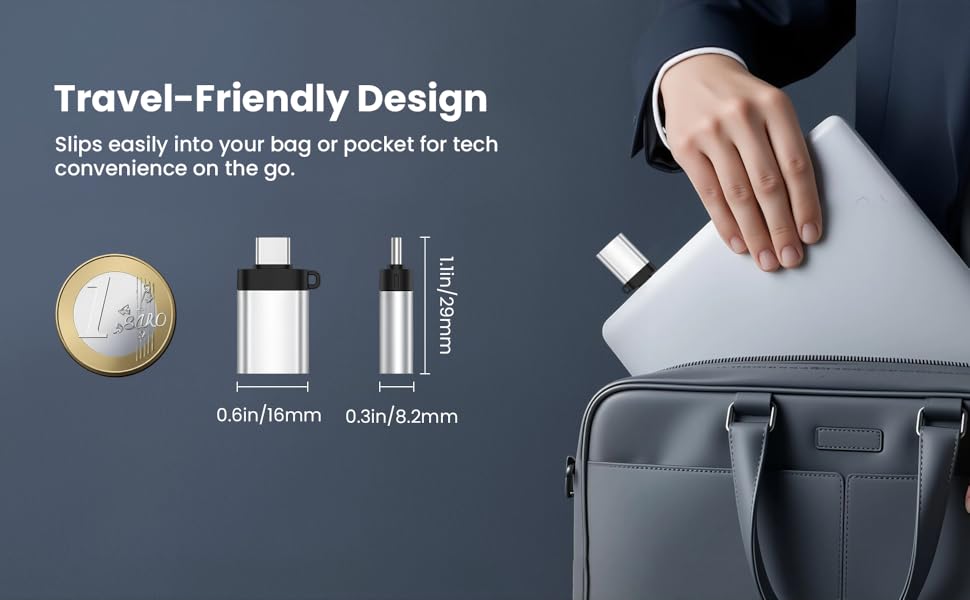 Text reads 'Novel Friendly Design'. Product demonstration showing small items being stored in garment pockets, with size measurements of 0.5x1.7mm and 25x16.3mm indicated.