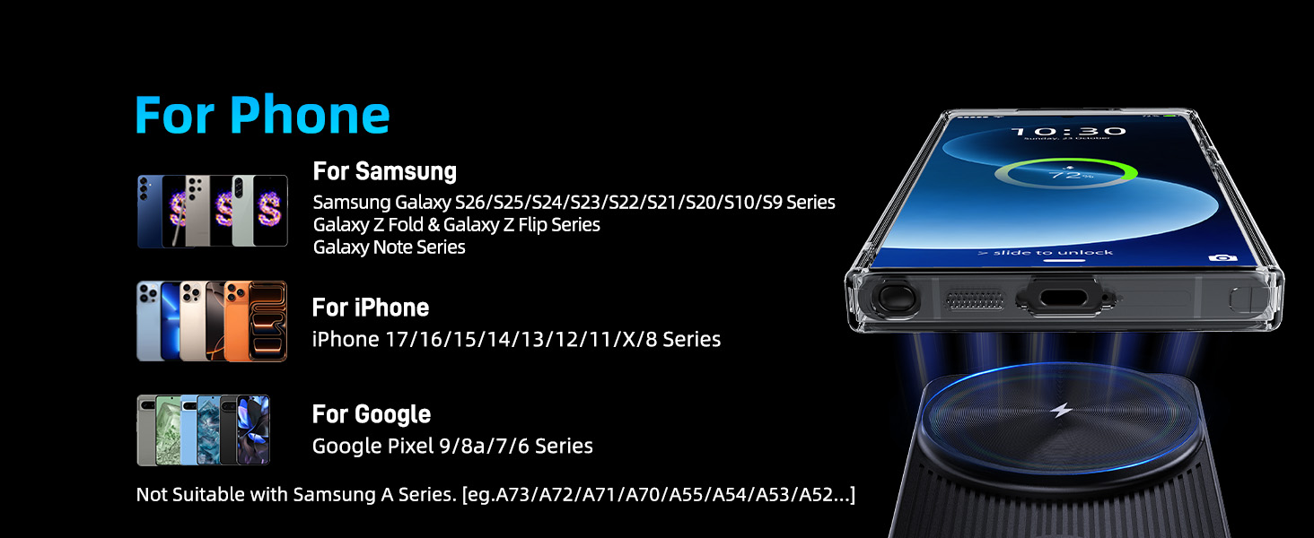 Text reads 'For Phone' with multiple phone compatibility listings. Shows curved blue glass screen protector product with technical specifications.