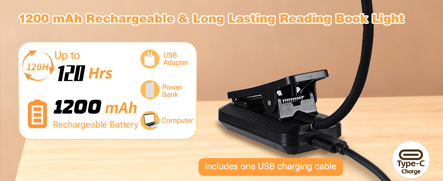 VAVOFO 1200mAh rechargeable reading book light with rotatable light head-black