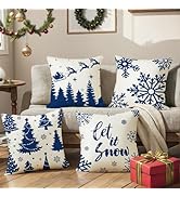 Ni-JASW Navy Blue Snowflakes Trees Christmas Throw Pillow Covers 18x18 inch, Let It Snow Santa Ho...