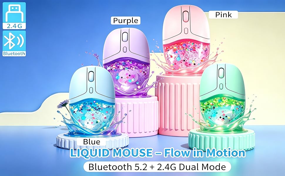 Wireless Bluetooth Mouse, Pink Clear Aqua Water Glitter Liquid Sand Transparent