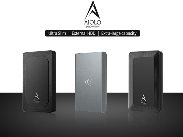 Three external hard drives from AIOLO brand, labeled as Ultra Slim, External HDD, and Extra-large capacity. Shown in black, silver, and black colors.