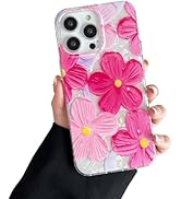 CHEDEMK Compatible with iPhone 14 Pro Case, Cute Aesthetic Sparkle Hot Pink Oil Painting Floral F...