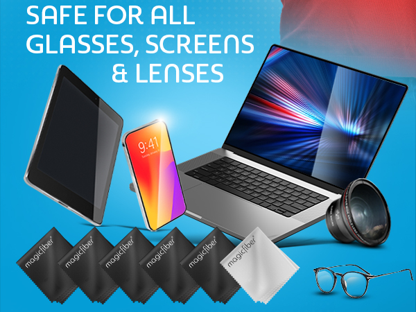 6 Premium Microfiber cloths. Safe for all Glasses, screens and lenses.