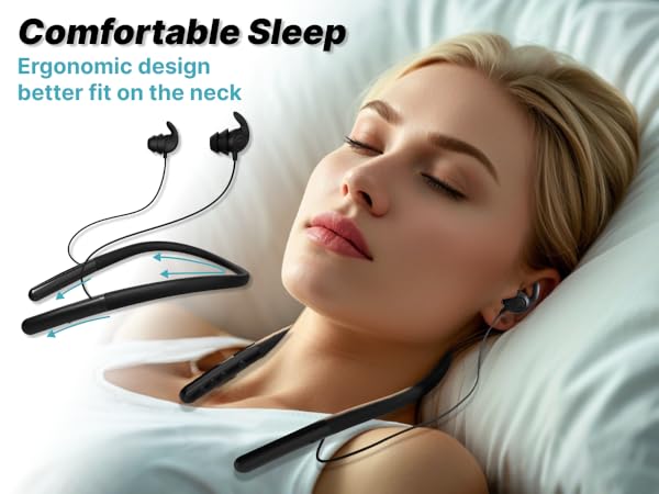 Wireless earbuds with neckband for comfortable sleep. Ergonomic design features flexible band and in-ear buds. Woman shown sleeping peacefully while wearing the device.