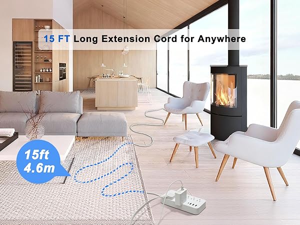 Long Cord Surge Protector Power Strip 12 15 FT feet foot Extension Cord indoor