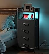 Night Stand Bedside Table Bedroom - Tall Nightstand with Charging Station &amp; LED Light Strip, Bed ...