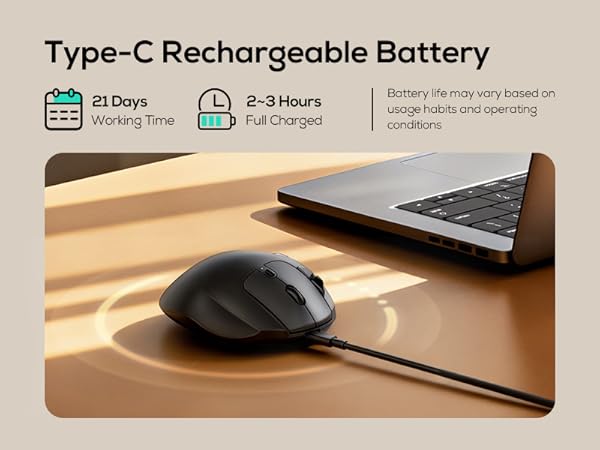 Text reads 'Type-C Rechargeable Battery' '30 Days Working Time' '2-3 Hours Full Charged'. Shows laptop or device charging setup in warm lighting.
