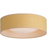 CALOKES 13" Woven Rattan-Style Boho Flush Mount Ceiling Light, LED 24W 3000K Closed to Ceiling Li...
