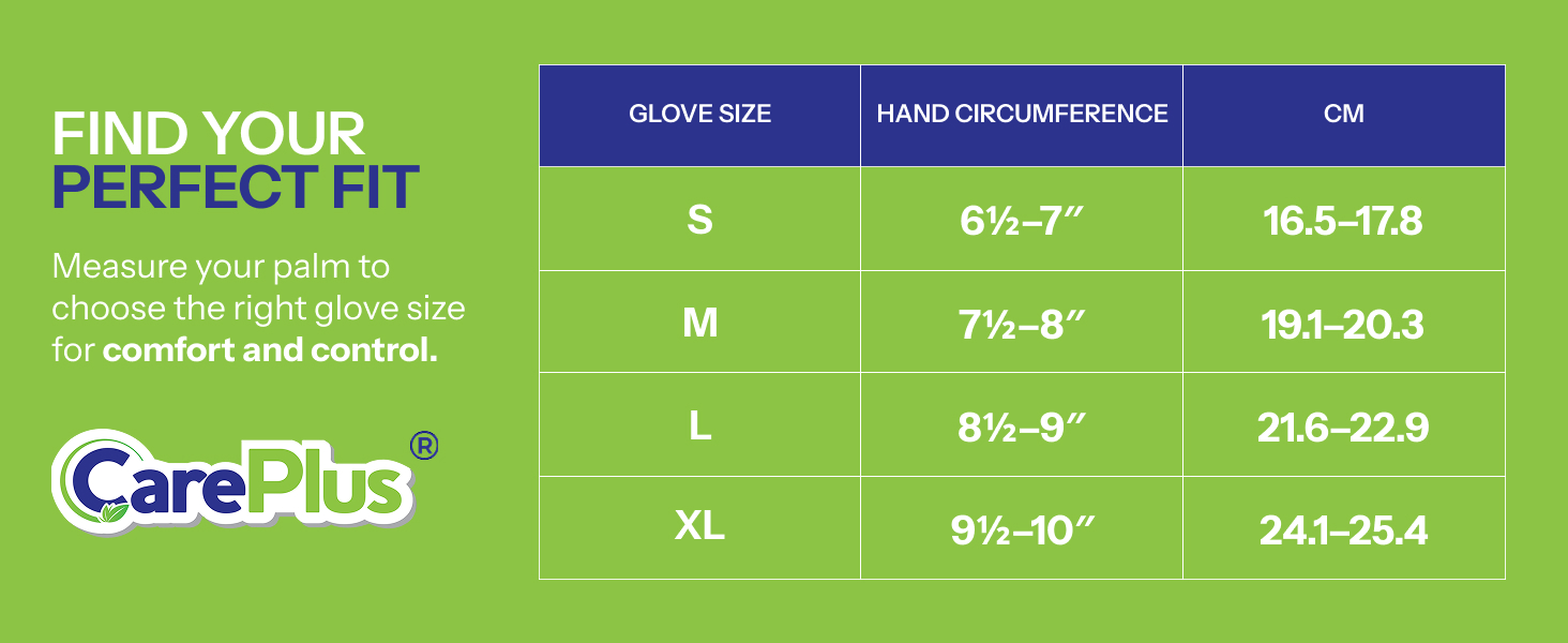Size chart showing XS to L glove sizes with palm measurements in inches and centimeters
