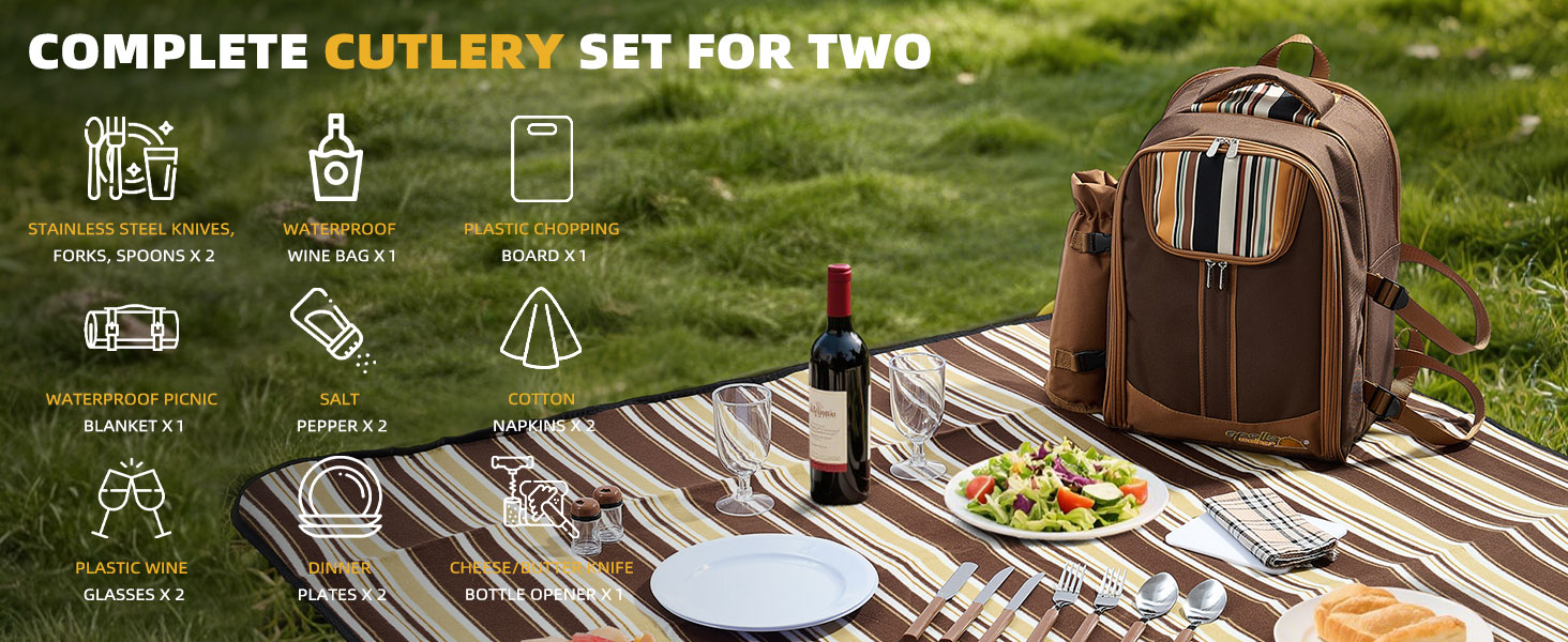 Picnic Backpack Bag Cooler Compartment Detachable Bottle Wine Holder Fleece Blanket Plates Cutlery