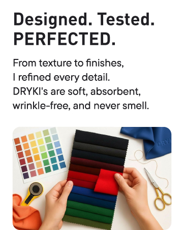 Text about product design and testing with image of hands arranging fabric color swatches