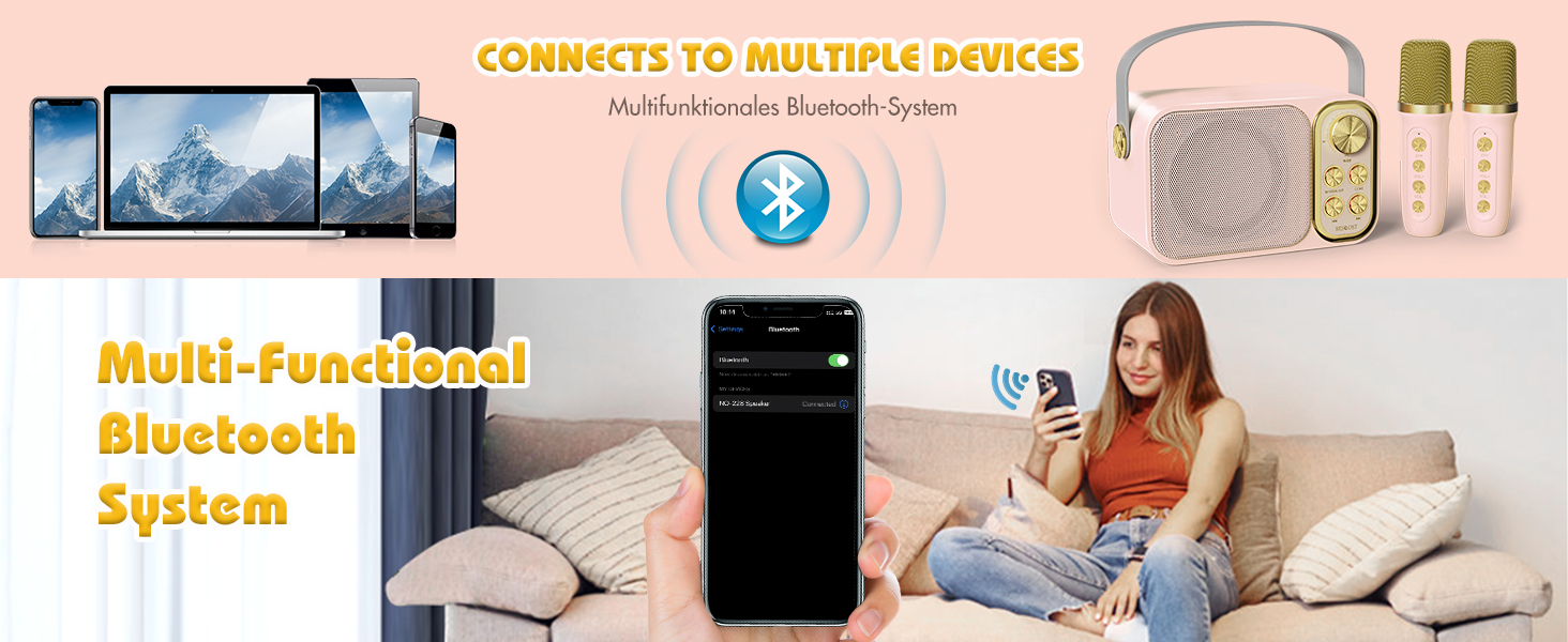 Multi-functional Bluetooth system connecting to multiple devices. Shows smartphones, tablet, speaker, and person using remote control on couch.