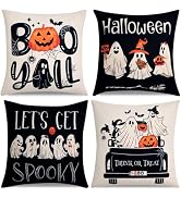 Hongsome Ghost Halloween Decor-Throw Pillow Covers 18x18 in Set of 4,Spooky Gothic Linen Pillow C...