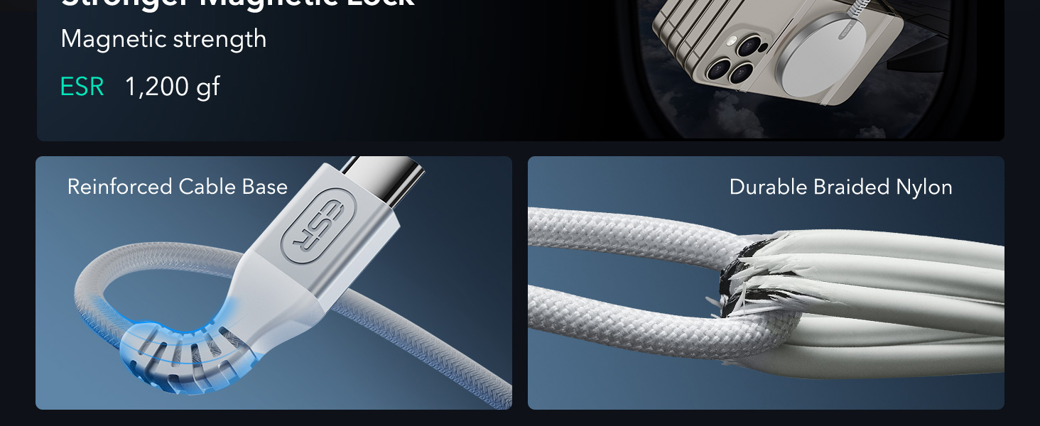 Magnetic charging cable with reinforced base and braided nylon cord. Features 1,200 gf magnetic strength and ESR branding. Close-up shows cable durability and connection point.