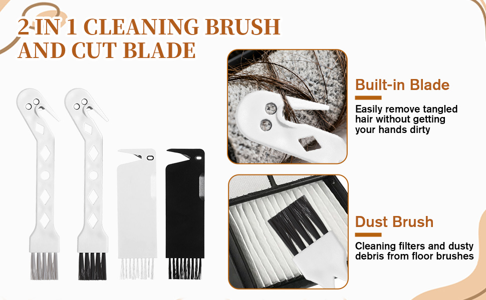 Vacuum roller cleaning tool with built-in blade, removes tangled hair and brush cleans filters.