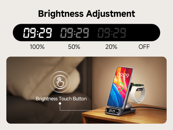 Wireless charging stand with adjustable brightness LED clock display. Features touch control and multiple brightness levels (100%, 50%, 20%, OFF). Shown charging a smartphone and smartwatch simultaneously.