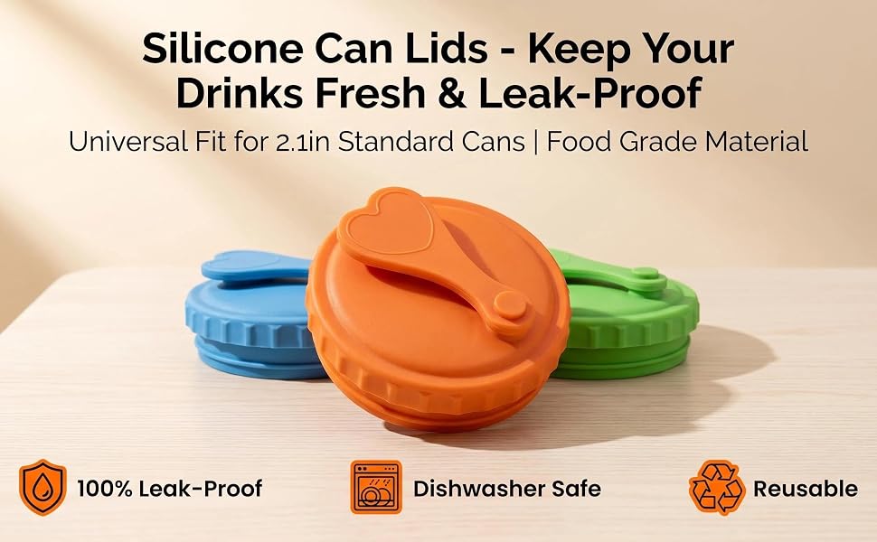 Reusable Silicone Soda Can Lids, 100% Leak-Proof, Dishwasher Safe, Fit 2.1in Standard Cans