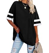 Fisoew Womens Oversized Tees Loose T Shirts Half Sleeve Crew Neck Color Block Cotton Tunic Tops