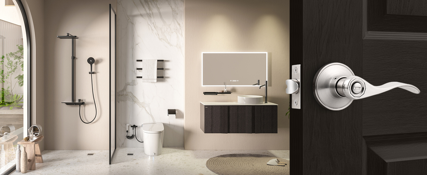satin nickel privacy door lever for bathroom