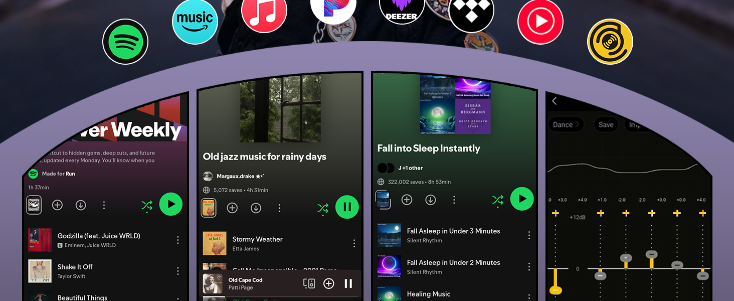 Music app screens showing AI-powered playlists, custom recommendations, and an equalizer interface.