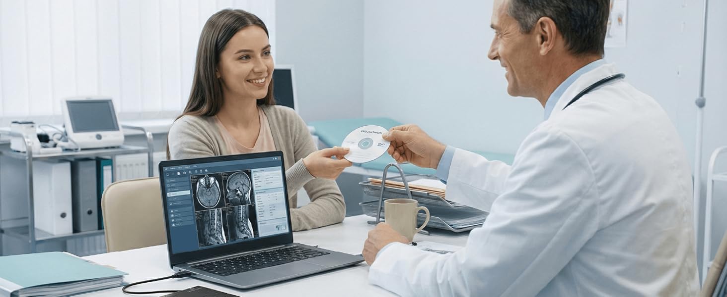 Doctor?using?ERGOOCUSHION?External?DVD?Drive?to?burn?CD?and?hand?it?to?patient?in?hospital?office.