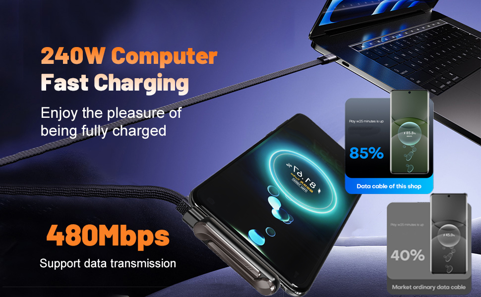 240w braided fast charge cable with built-in phone stand multi charging cable