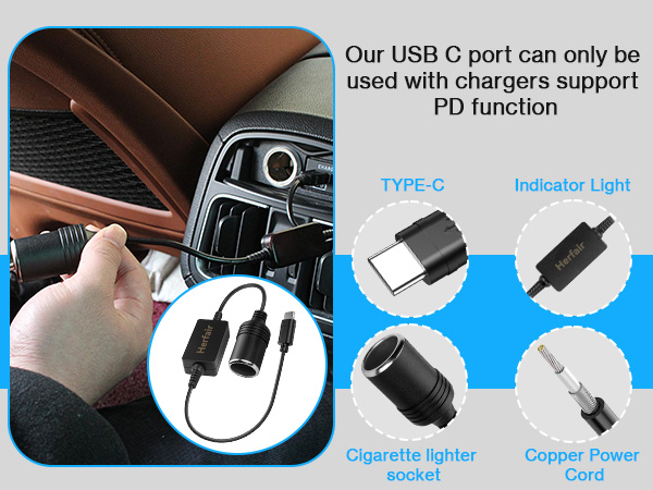 USB C Male to 12V Car Cigarette Lighter