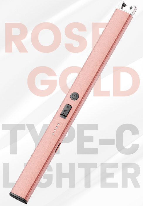 Slim, rose gold electronic device with USB-C port. Text indicates it's a lighter. Sleek design with single button visible.