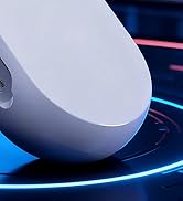 Series of close-up shots showing white circular device with blue LED light accent against dark background. Product appears to be a smart home or tech device.