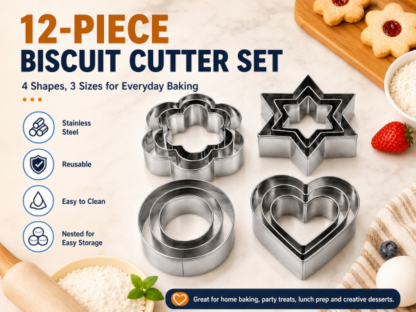 12-piece stainless steel biscuit cutter set with 4 shapes in 3 sizes