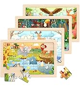 Zeoddler Wooden Puzzles for Toddlers, 4 Pack Animal Jigsaw Puzzles for Kids3-5, 20 Pieces Prescho...