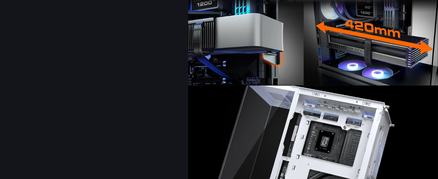 Fits up to 420mm GPUs in a compact footprint and supports reverse-connector motherboards.