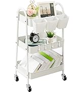 danpinera 3-Tier Rolling Cart, Metal Rolling Storage Cart with Lockable Wheels &amp; Hanging Cups &amp; H...