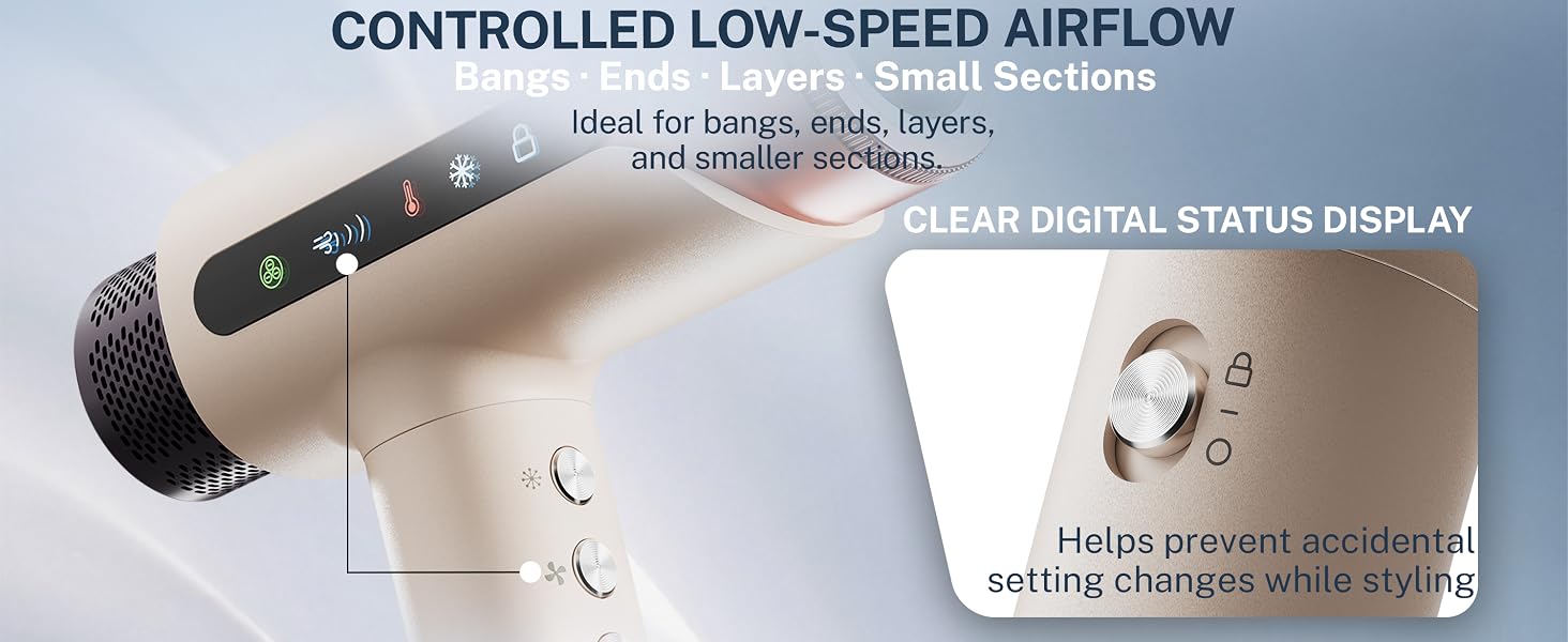 Instant cool shot hair dryer with digital status display for finishing styles