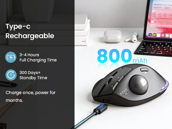 Built-in rechargeable battery with USB-C charging eliminates disposable batteries
