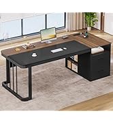 70.9" Executive Desk with Power Outlet, Large Office Desk with Drawers &amp; Lateral File Cabinet, Lo...