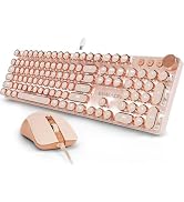 Wired Typewriter Keyboard and Mouse Combo, Low Noise Pink Switch-Rose Gold | White Backlit, Retro...