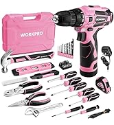 WORKPRO Pink Tool Set with Power Drill, 108PCS Portable Ladies Pink Drill Kit for Home with Toolb...