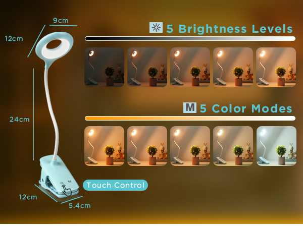 Flexible desk lamp with 5 brightness levels and 5 color modes. Diagram shows 24cm height, 12cm base, and 4.5cm lamp head dimensions.