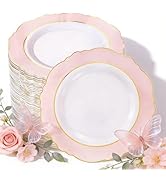WDF 60pcs Pink Dessert Plates - 7.5inch Baroque Pink and White Disposable Dessert Cute Cake Plate...