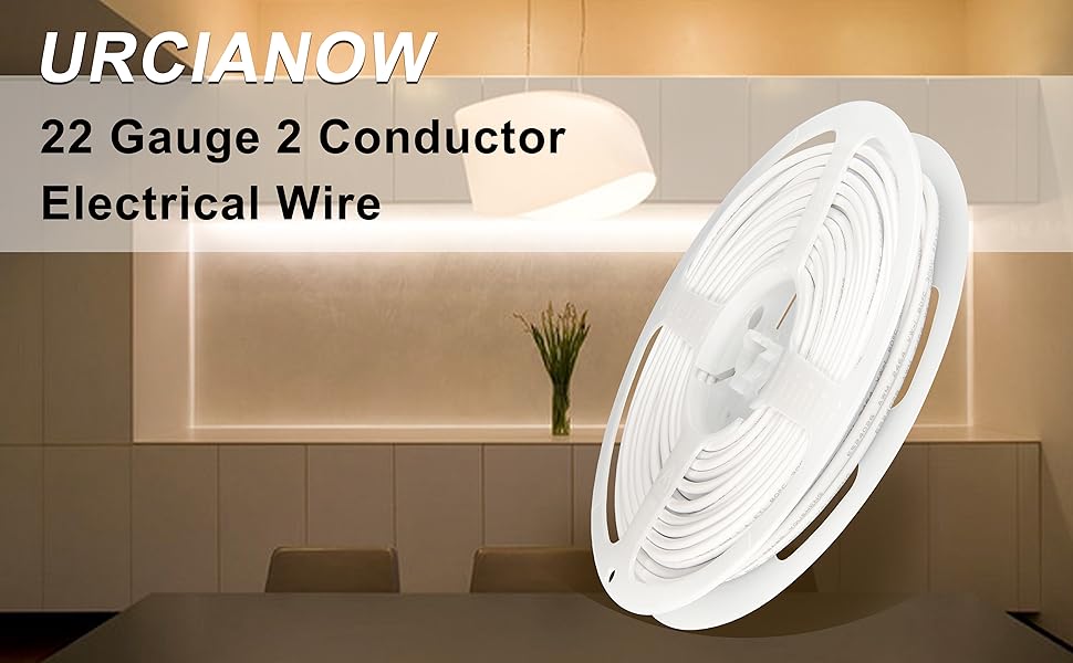 Text reads: 'URCANOW 22 Gauge 2 Conductor Electrical Wire'. White coiled electrical wire roll against beige background.