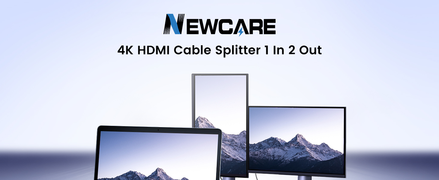 Newgare 4K HDMI cable splitter displaying connection between two monitors showing mountain scenery, demonstrating 1-in-2-out functionality.