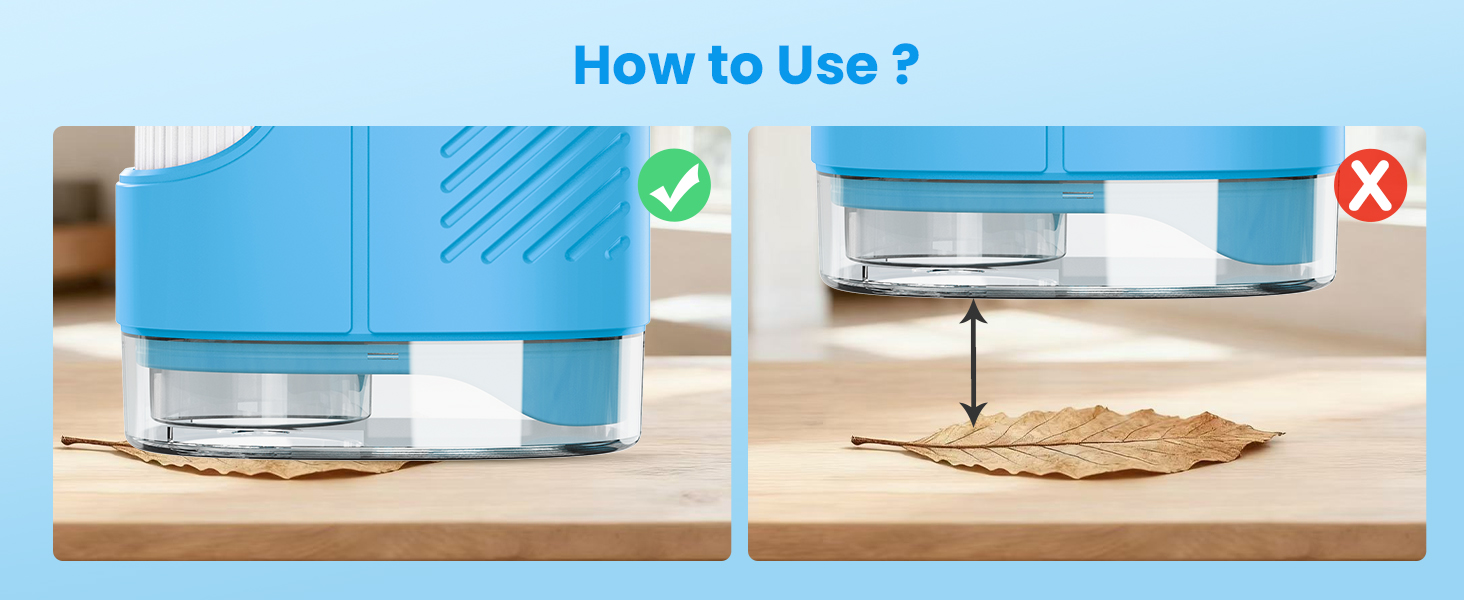 Text reads 'How to Use?' Instructional image showing correct and incorrect usage of blue device on surface, with checkmark and X symbols.