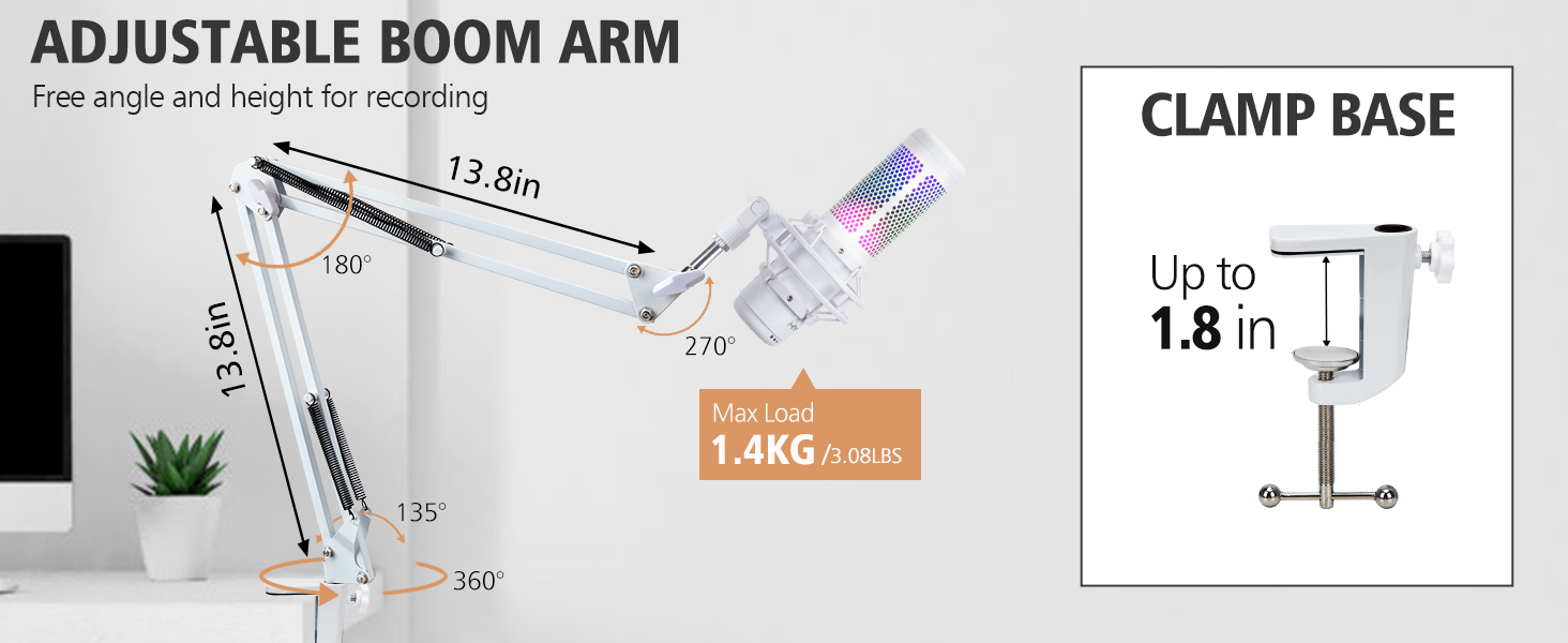 White Boom Arm Mic Stand Microphone Boom Arm