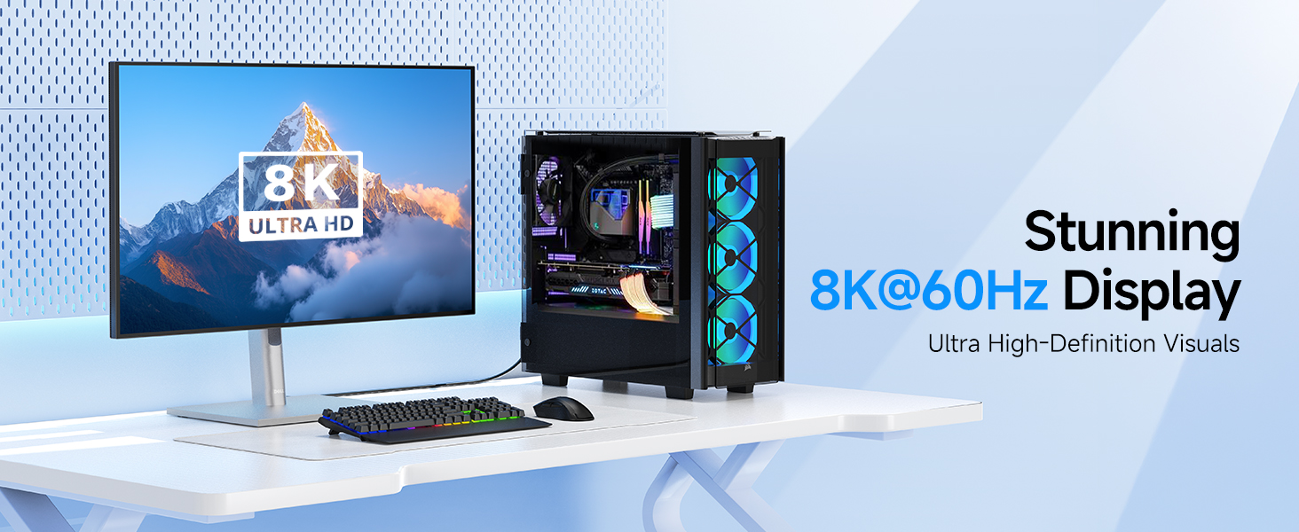 8K DisplayPort cable with HDR, DSC 1.2, and FEC for high-performance gaming setups