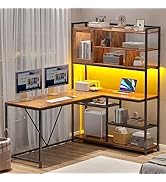 SEDETA L Shape Computer Desk, 58'' Office Desk with LED Light and Bookshelf, L Shaped Corner Desk...