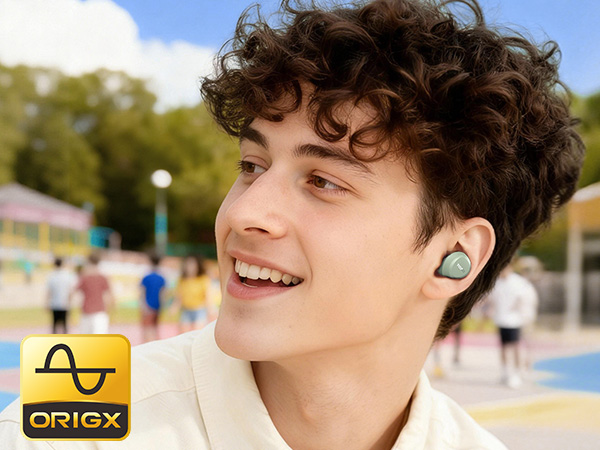 Person wearing TOZO A1 earbuds in everyday outdoor setting with OrigX tuned sound